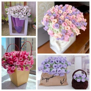 May include: Four different arrangements of crocheted flowers in various colors, including white, pink, purple, and light green. The flowers are displayed in a variety of containers, including a white box, a white vase, a brown paper bag, and a brown crocheted basket.