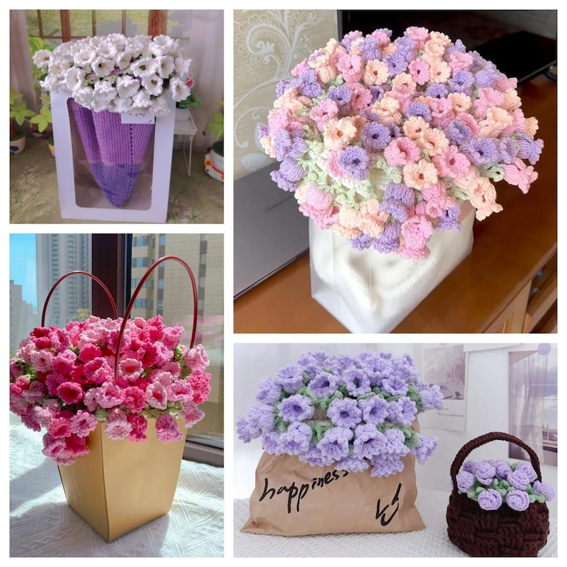 May include: Four different arrangements of crocheted flowers in various colors, including white, pink, purple, and light green. The flowers are displayed in a variety of containers, including a white box, a white vase, a brown paper bag, and a brown crocheted basket.