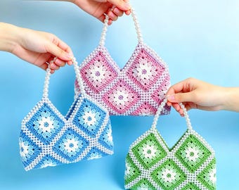 Pearl Beaded Handbag Crochet Pattern, Daisy Granny Square Purse PDF, English US Terms