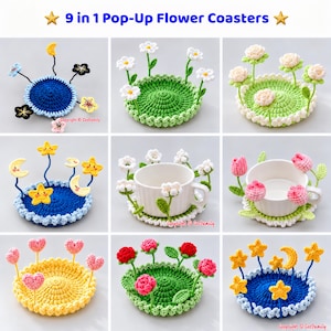 Könnte beinhalten: Eine Sammlung von neun gehäkelten Untersetzern mit Pop-up-Designs, darunter Blumen, Sterne, Monde und Herzen in verschiedenen Farben. Die Untersetzer sind kreisförmig mit strukturierten Rändern und aufrechten Elementen. Text: 9 in 1 Pop-Up Flower Coasters.