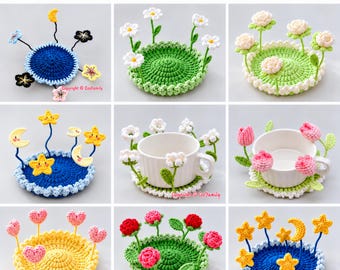 Crochet 9 in 1 Pop Up Flower Coasters Pattern Bundle, Star Moon Rose Tulip PDF Pattern, Crochet  Holiday Gift Decor