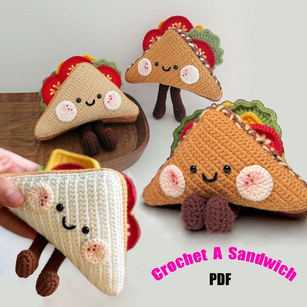 May include: Three crocheted sandwich plushies with smiling faces. The plushies are made with brown, white, and beige yarn. The plushies are sitting on a wooden surface. Crochet A Sandwich PDF.