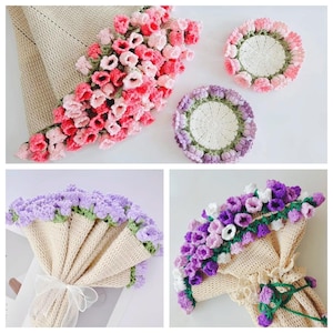 May include: A set of crocheted flower-shaped coasters in pink, white, and purple. The coasters are made with a delicate crochet stitch and have a floral design. The coasters are perfect for adding a touch of handmade charm to your home decor.