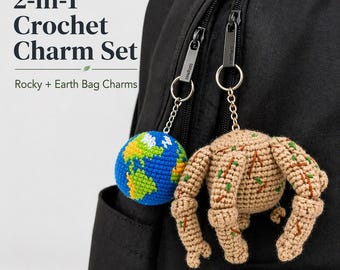 2-in-1 Rocky & Earth Crochet Pattern PDF, Project Hail Mary Inspired Bag Charm Set, Eridian Alien and Earth Keychain Amigurumi