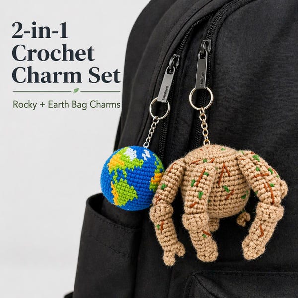 2-in-1 Rocky & Earth Crochet Pattern PDF, Project Hail Mary Inspired Bag Charm Set, Eridian Alien and Earth Keychain Amigurumi