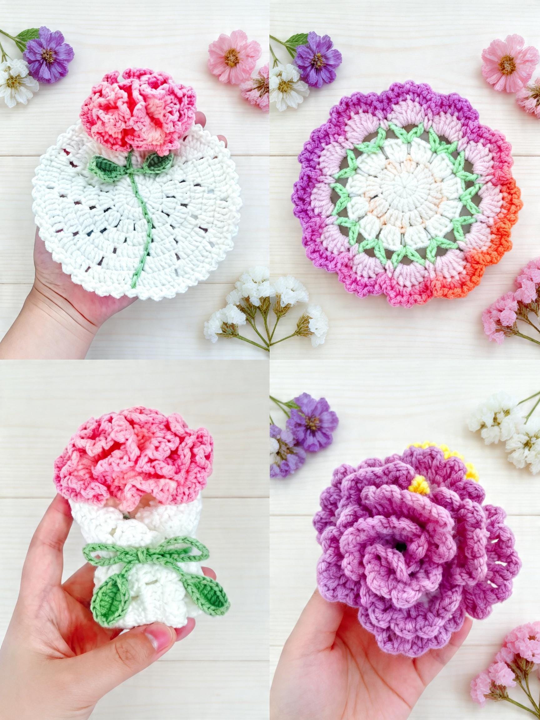 4-in-1 Carnation Bouquet Crochet Coaster Pattern, Flower Basket