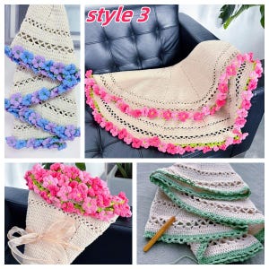 May include: A collage of handmade crochet items. One image shows a cream-colored hat with blue and purple flower trim. Another shows a cream-colored shawl with pink flower trim. The text "style 3" is visible. Other images show similar items.