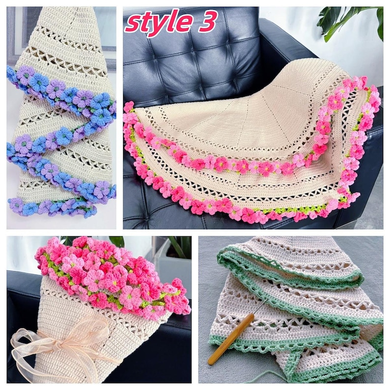 May include: A collage of handmade crochet items. One image shows a cream-colored hat with blue and purple flower trim. Another shows a cream-colored shawl with pink flower trim. The text "style 3" is visible. Other images show similar items.