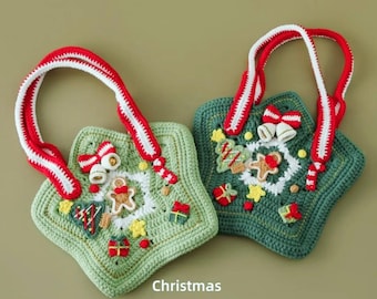 May include: Two green crocheted star-shaped bags with red and white striped handles. The bags are decorated with Christmas-themed motifs, including gingerbread men, Christmas trees, presents, and bells. The text "Christmas Celebrate the christmas star pack" is printed below the bags.
