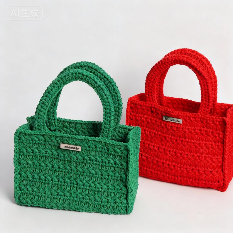 May include: Two handmade crochet tote bags. One is emerald green, the other is bright red. Each bag has a rectangular body, a rounded handle, and a small "handmade" tag. The bags are made of a thick, textured yarn.