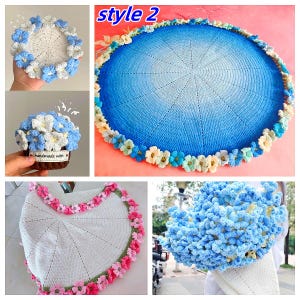 May include: A collage of handmade crochet items. Includes a blue and white floral wreath, a blue and white floral cupcake, a large blue and white circular rug, a white and pink floral chair cover, and a blue floral item.