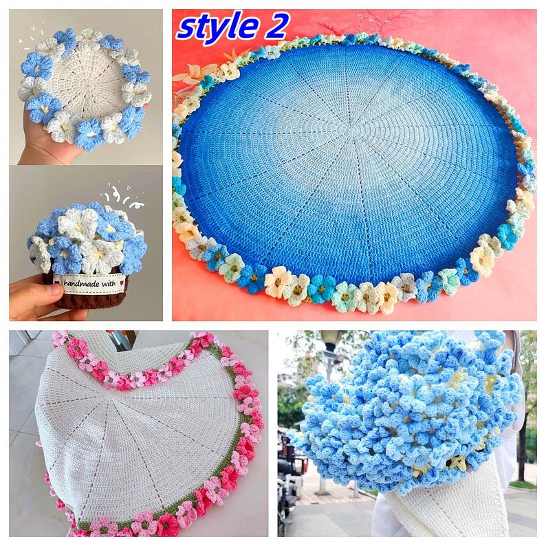 May include: A collage of handmade crochet items. Includes a blue and white floral wreath, a blue and white floral cupcake, a large blue and white circular rug, a white and pink floral chair cover, and a blue floral item.