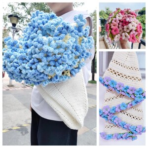 May include: A collection of handmade crochet items, including a large blue and white floral bouquet, a pink and white floral bouquet, and a white hat adorned with blue and purple crochet flowers. The items are crafted with detailed stitching.