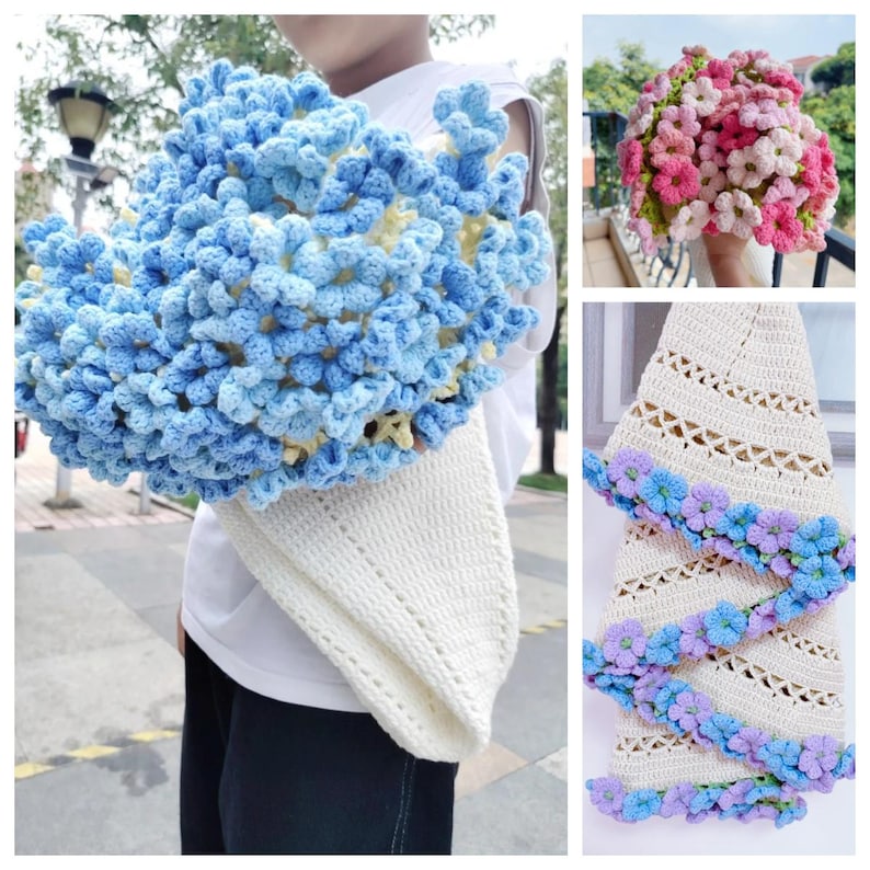 May include: A collection of handmade crochet items, including a large blue and white floral bouquet, a pink and white floral bouquet, and a white hat adorned with blue and purple crochet flowers. The items are crafted with detailed stitching.