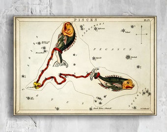 Vintage Pisces Zodiac Sign Poster: Constellation Star Map Art Print