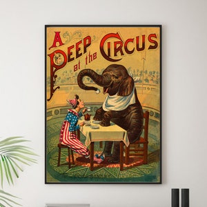 1887 Cartel de arte de circo - Peep at the Circus Print - Vintage Elephant Print - Retro Circus Art -Clown Tea Party Print -Nursery Wall Art Print