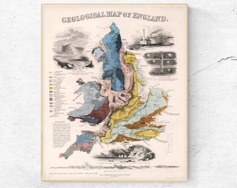 1849 England Geological Map Print: Vintage Britain Wall Art