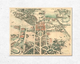 1934 Stanford University Map Print - Vintage Bird's-Eye View Map - Wall Decor Map Art - Handmade Map Prints - California Map Poster Print
