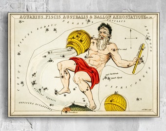 Vintage Aquarius Zodiac Sign Poster: Constellation Star Map Art Print