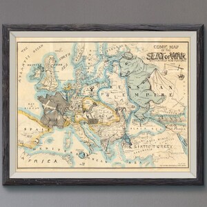 1854 Seat of War Map - Comic Europe Map Print - Illustrated Antique Map Print - Vintage Poster Wall Art Print - Old Lithograph Poster Print