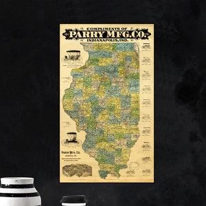 1880 Illinois Karte Druck - Vintage Illinois Karte Poster - Bildliche Karte von Illinois USA - Wand Dekor Druck Kunst - Historische WandPoster Druck