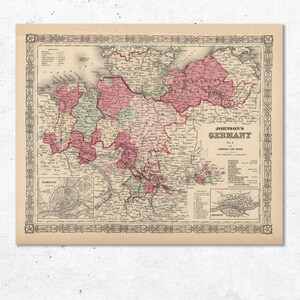 Mapa vintage da Alemanha de 1864 - Impressão de mapa antigo - Impressão de pôster de mapa da Alemanha - Arte de mapa de decoração de parede vintage - Decoração de casa antiga - Reprodução de mapa