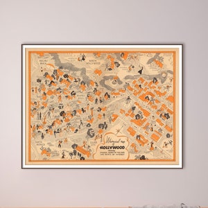 1937 Hollywood Map Print - Skurrile Landkarte von Hollywood - Hollywood Poster Druck - Los Angeles Map - Vintage bildliche Landkarte - Wanddeko