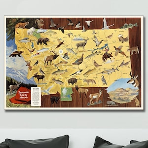 Montana Karte 1967 Druck - Montana Natur Poster Kunst - Sportler Karte von Montana - Wildnis Jagd & Angeln Poster Kunst - Gemälde Druck