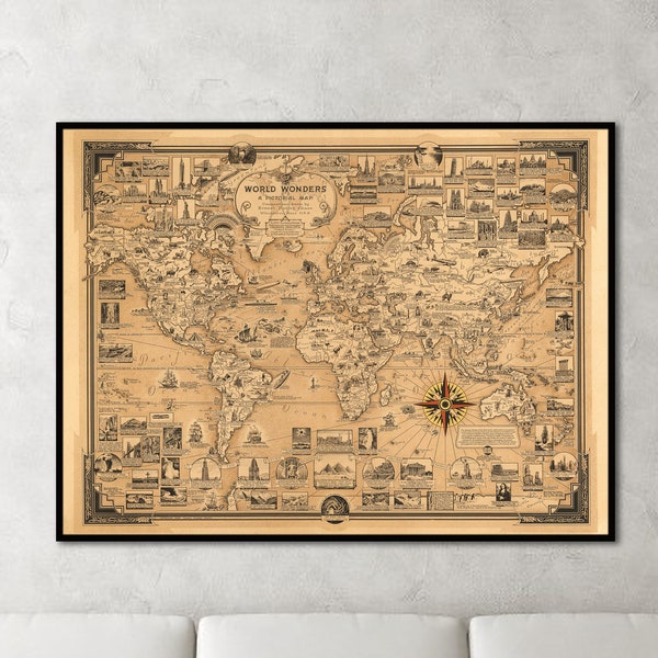 1939 World Wonders Map - World Map Poster Print - Vintage Pictorial Map - Old Maps Wall Art - Antique Wall Print - Art Deco Travel Poster