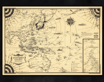 Mappa WW2 del 1944 - Vittoria nel Pacifico - Poster della Marina degli Stati Uniti e della Gran Bretagna - Stampa della mappa della seconda guerra mondiale - Stampe vintage della seconda guerra mondiale - Mappa della guerra del Pacifico - Asia orientale WW2