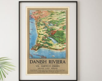 1930 Danish Riviera Map Print: Vintage Copenhagen Wall Art