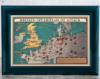 1944 Great Britain WW2 Map - World War II Pictorial Map - England War Map Print - WWII Poster Map - Europe in WW2 Map - Spearhead of Attack