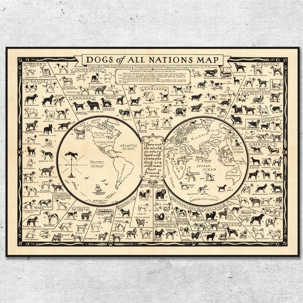 1936 Dogs of World Map - Dogs of All Nations - Dogs Poster - Dogs Wall Art - Animals Print - Zoology Dog Print - Animal Lover Gift - Dog Art