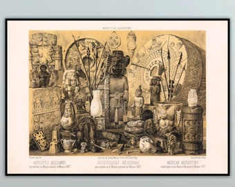 Mexican Antiquities Print: 1857 Engraved Illustration Art