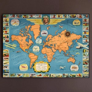 1937 Luftfahrt Poster - Berühmte Flüge und Flugrouten der Welt - Flugzeuge Drucke - Flugzeug Drucke - Airlines Map Poster - Flug Druck