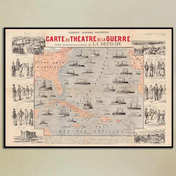 Carte de guerre espagnole / américaine de 1898 - Affiche de l’US Navy - Carte navale de l’Atlantique - Décor de mur militaire - Carte ancienne de guerre navale - Carte d’époque Art mural