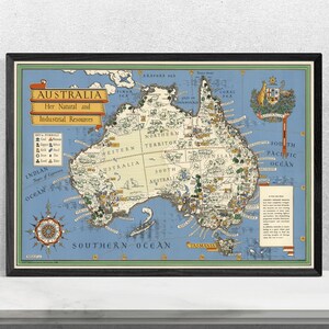 1942 Vintage Australië Kaart - Natuurlijke en Industriële Hulpbronnen - Wall Decor Map Art - Oude Kaart Print - Kaart Reproductie - Australië Kaart Poster
