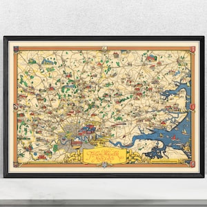 1950 Vintage London Karte Poster - London Country Map - Pictorial Map Print - London Wand Dekor Karte Kunst - Landkarte Reproduktion - Alte London Karte