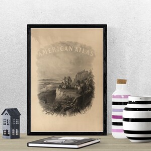 1864 Vintage Atlas Cover - American Atlas Book Cover Print - Handmade Indians & Horses Poster - Antique Home Decor - Vintage Poster Wall Art