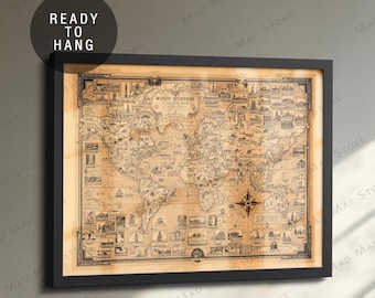 1939 World Wonders Map: Framed Art Deco Travel Poster