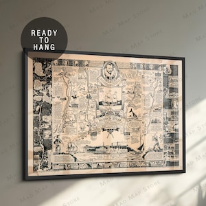 May include: A framed vintage map of the Hudson River, displayed on a wall. The map is in black and beige tones, with detailed illustrations and text. The frame is black, and the artwork is labeled "READY TO HANG".
