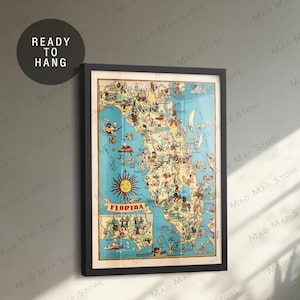 1935 Florida Framed Map Print - Florida Framed Canvas Map - Framed Florida Poster - Cartoon Map - Vintage Framed Map Print -Florida Wall Art