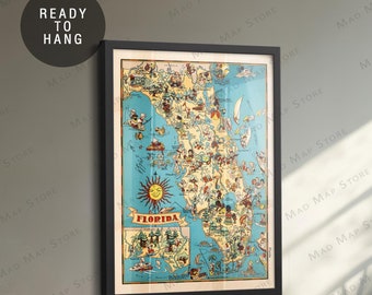 1935 Florida Framed Map Print - Florida Framed Canvas Map - Framed Florida Poster - Cartoon Map - Vintage Framed Map Print -Florida Wall Art