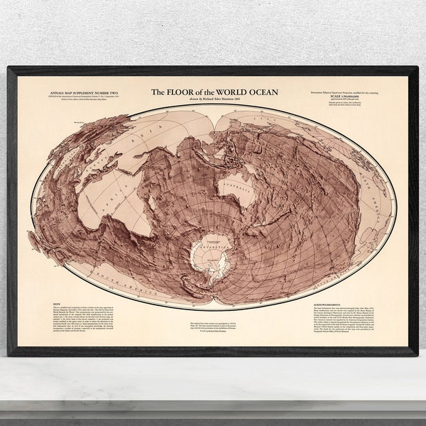 1961 Mapa del suelo del océano mundial - Impresión de mapas de los océanos del mundo - Arte de la pared del mapa del viejo mundo - Impresión de mapas topográficos - Decoración de la pared del arte del cartel vintage