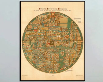 1898 World Map Print: Medieval Mappa Mundi, Antique Wall Art