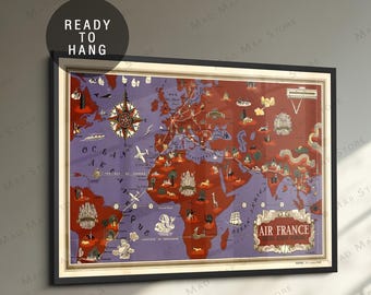 1934 Air France World Map Poster: Vintage Travel Poster Print