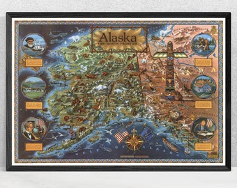 1964 Alaska Map Print - Rare Pictorial Alaska Poster - Vintage Alaska Wall Print - Far North Frontier - British Columbia Old Poster Map Art