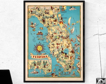 1935 Florida Map Print - Florida State Pictorial Map - Cartoon Map - Florida Poster - Vintage Map Print - Nursery Decor - Florida Wall Art