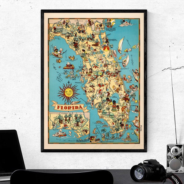 1935 Florida Map Print - Florida State Pictorial Map - Cartoon Map - Florida Poster - vintage Map Print - Nursery Decor - Florida Wall Art