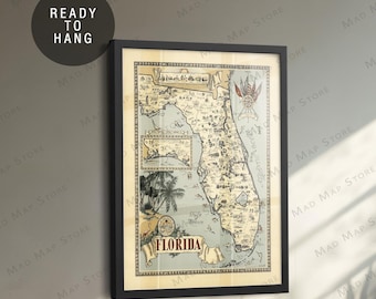 1953 Florida Pictorial Framed Map - Vintage Florida Canvas Print - Florida Framed Poster - Framed Canvas - Florida Wall Art - Ready to Hang